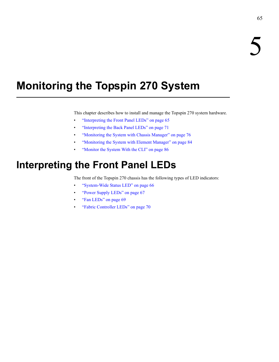 Monitoring the topspin 270 system, Interpreting the front panel leds, Interpreting the front panel | Cisco SFS 7008 User Manual | Page 65 / 108