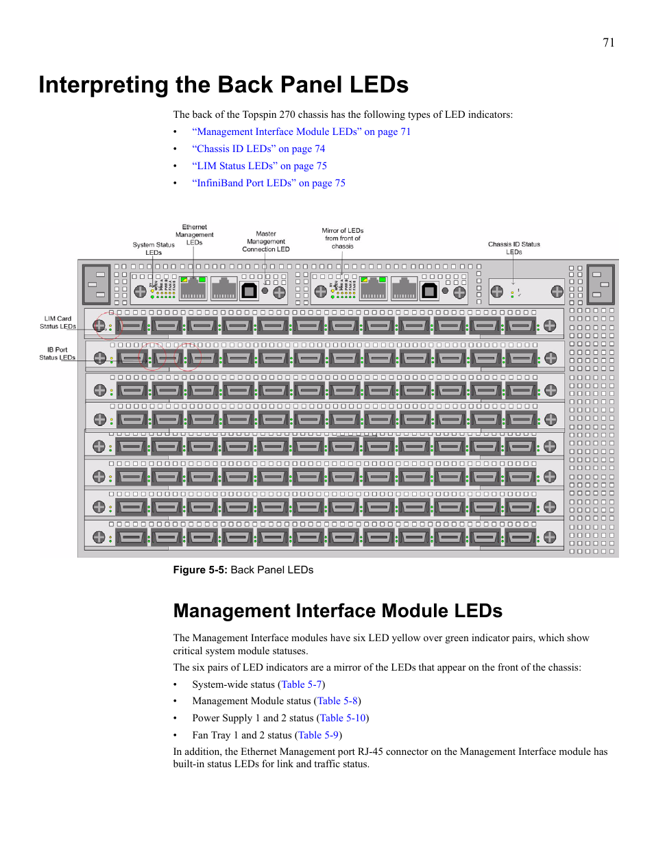 Interpreting the back panel leds, Management interface module leds, Refer to | Management | Cisco SFS 7008 User Manual | Page 71 / 108