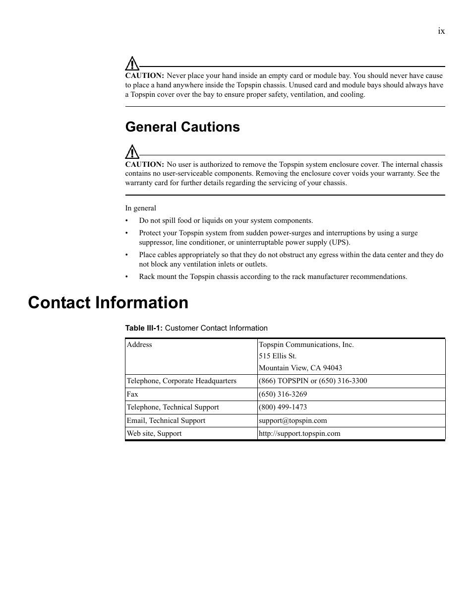 General cautions, Contact information | Cisco SFS 7008 User Manual | Page 9 / 108