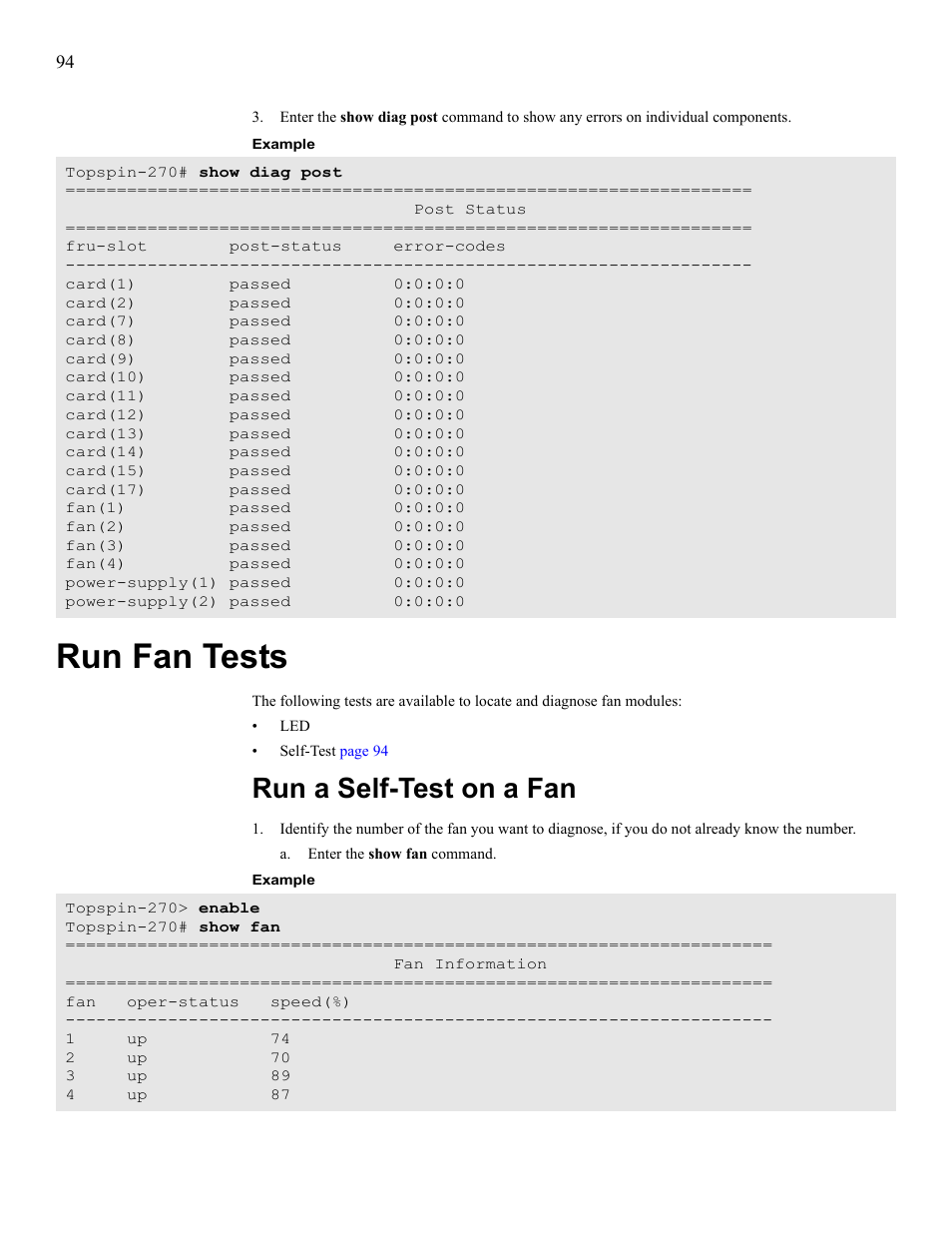 Run fan tests, Run a self-test on a fan | Cisco SFS 7008 User Manual | Page 94 / 108