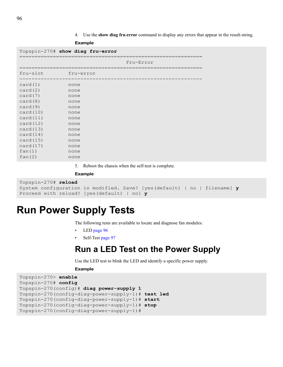 Run power supply tests, Run a led test on the power supply | Cisco SFS 7008 User Manual | Page 96 / 108