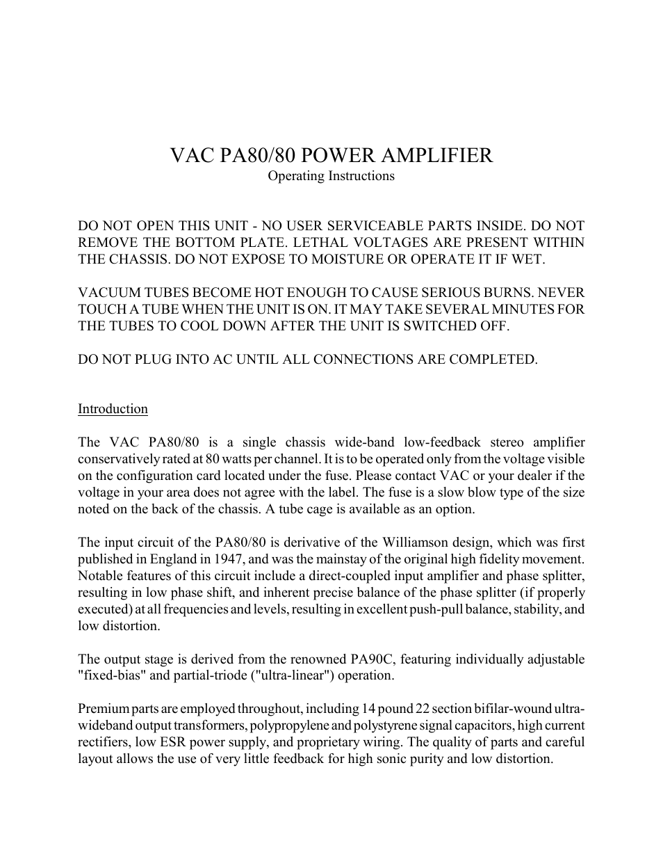 VAC PA80/80 User Manual | 11 pages