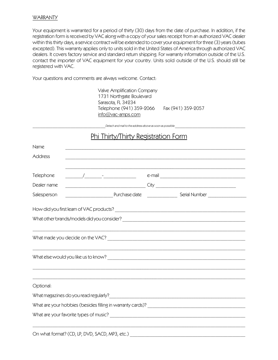 Phi thirty/thirty registration form | VAC Phi 30/30 User Manual | Page 19 / 19