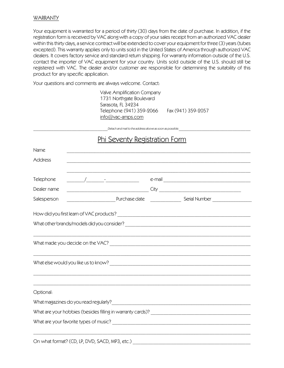 Phi seventy registration form | VAC Phi 70 User Manual | Page 19 / 19
