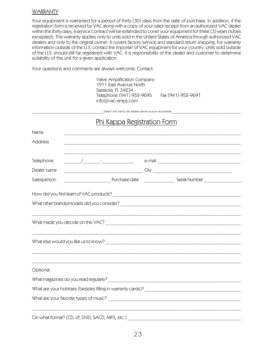 Phi kappa registration form | VAC Phi "Kappa 30i" User Manual | Page 24 / 24