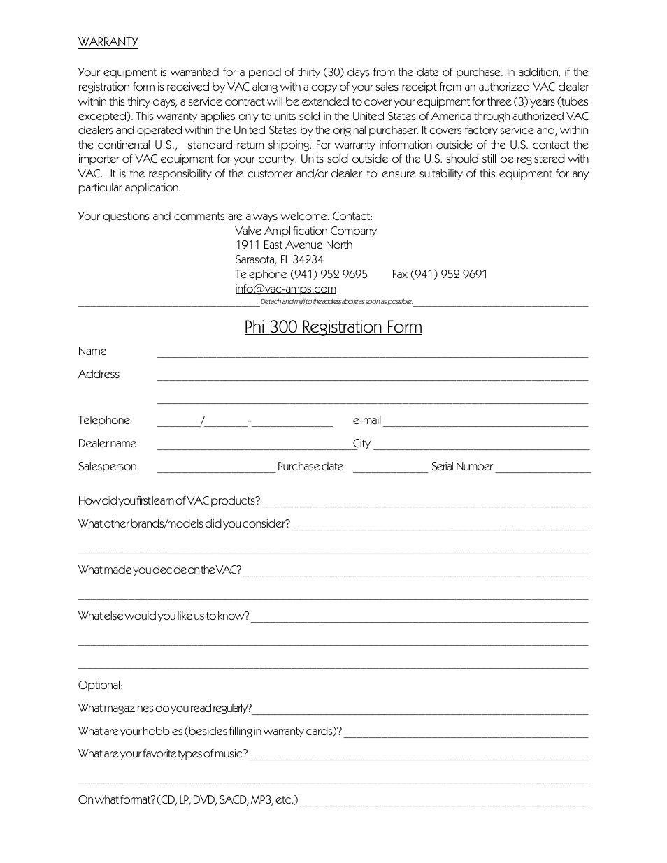 Phi 300 registration form | VAC Phi 300 User Manual | Page 20 / 20
