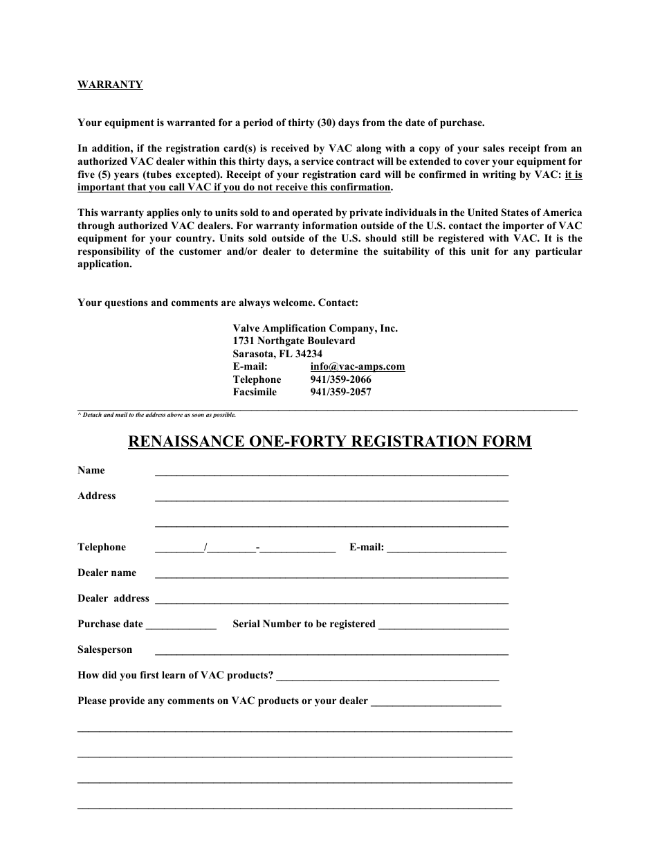 Renaissance one-forty registration form | VAC Renaissance 140 User Manual | Page 14 / 14