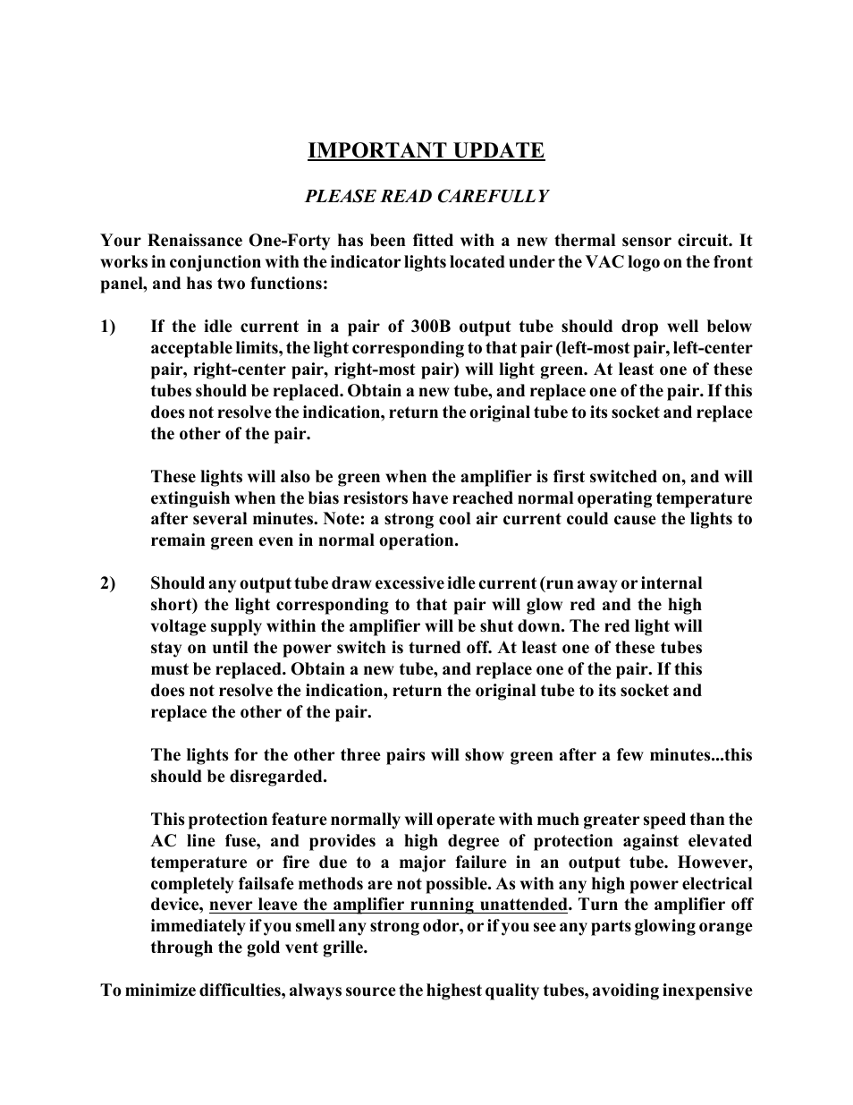 Important update | VAC Renaissance 140 User Manual | Page 2 / 14