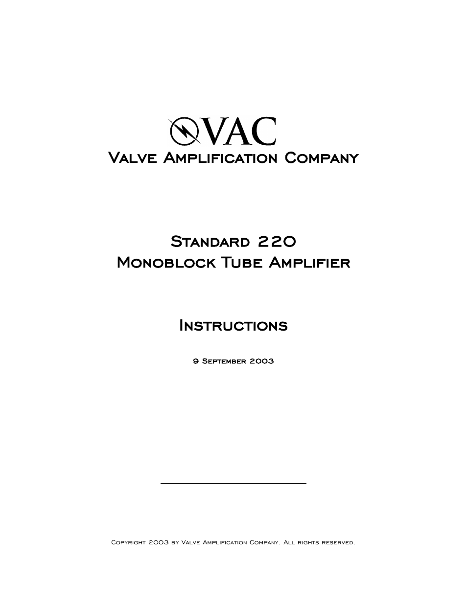 VAC Standard 220 User Manual | 10 pages