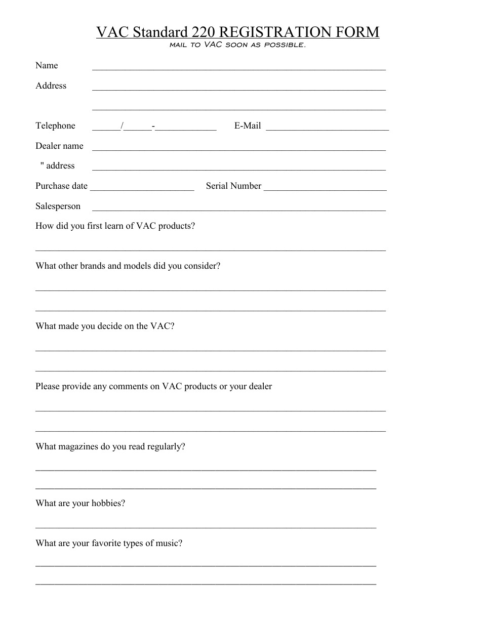 Vac standard 220 registration form | VAC Standard 220 User Manual | Page 10 / 10