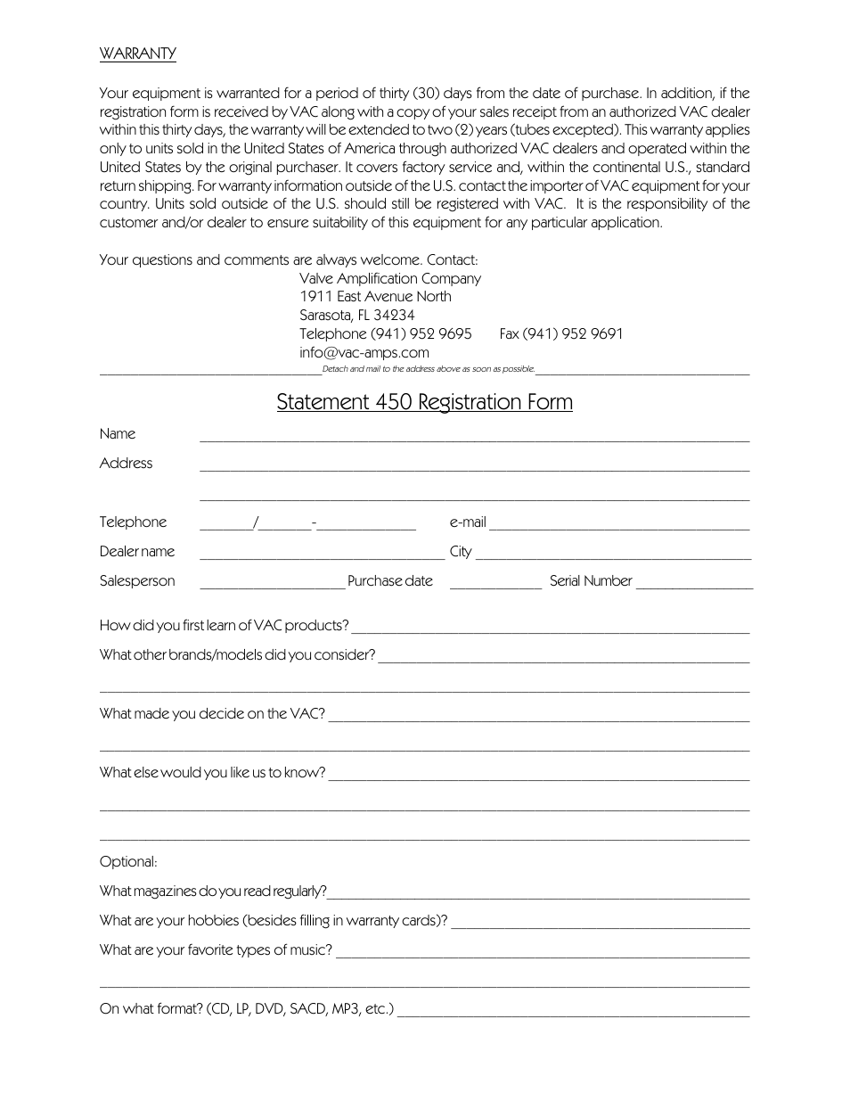 Statement 450 registration form | VAC Statement 450 Monoblock User Manual | Page 20 / 20