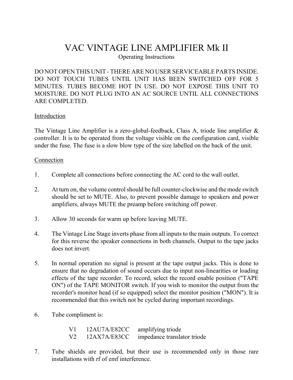 VAC Vintage Line Stage User Manual | 4 pages