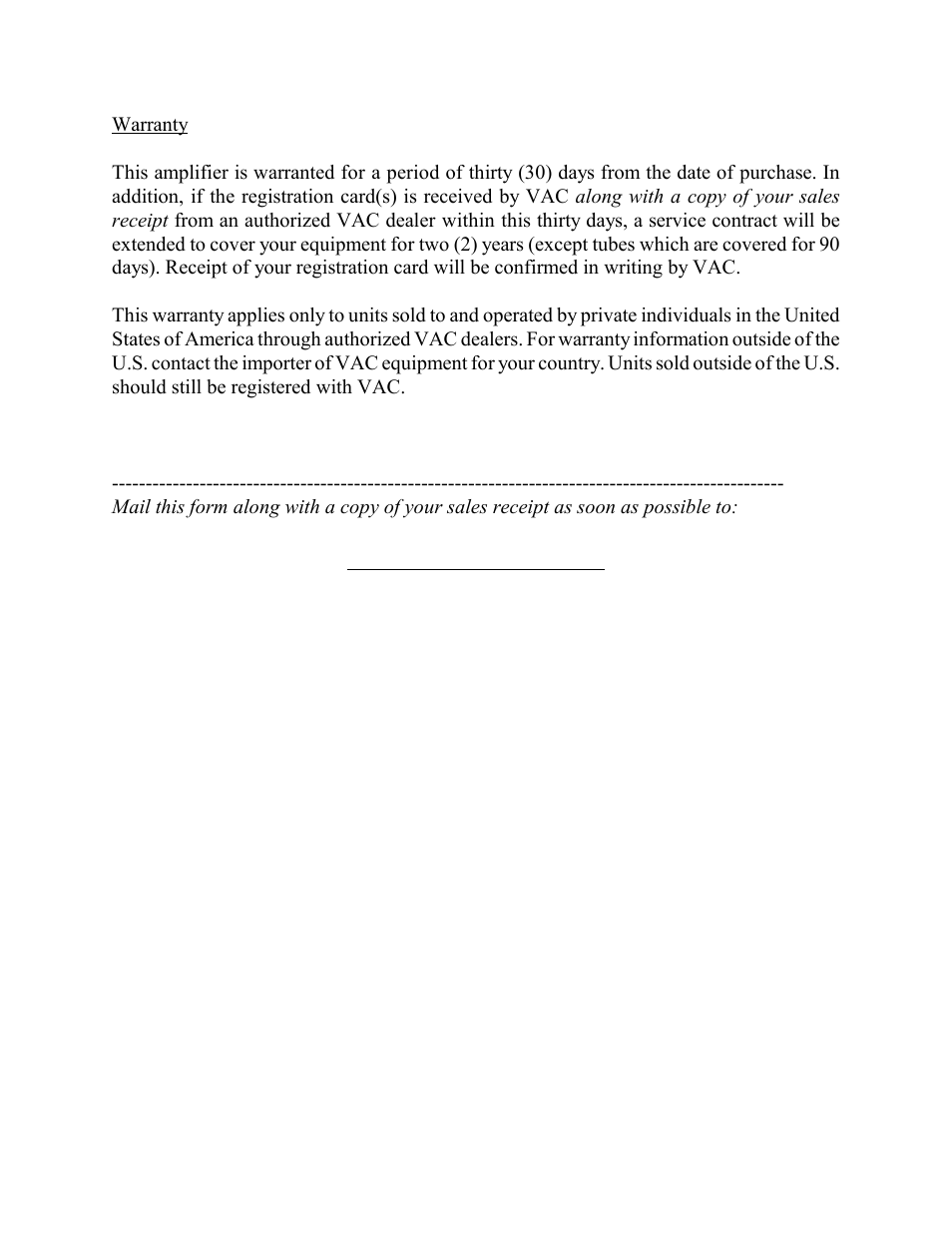 Registration form | VAC Vintage Line Stage User Manual | Page 3 / 4