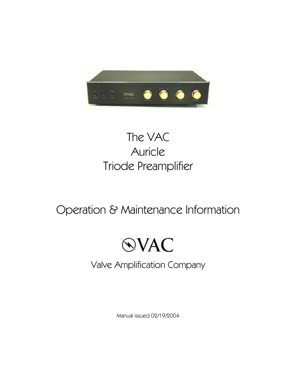 VAC Auricle Preamplifier User Manual | 12 pages