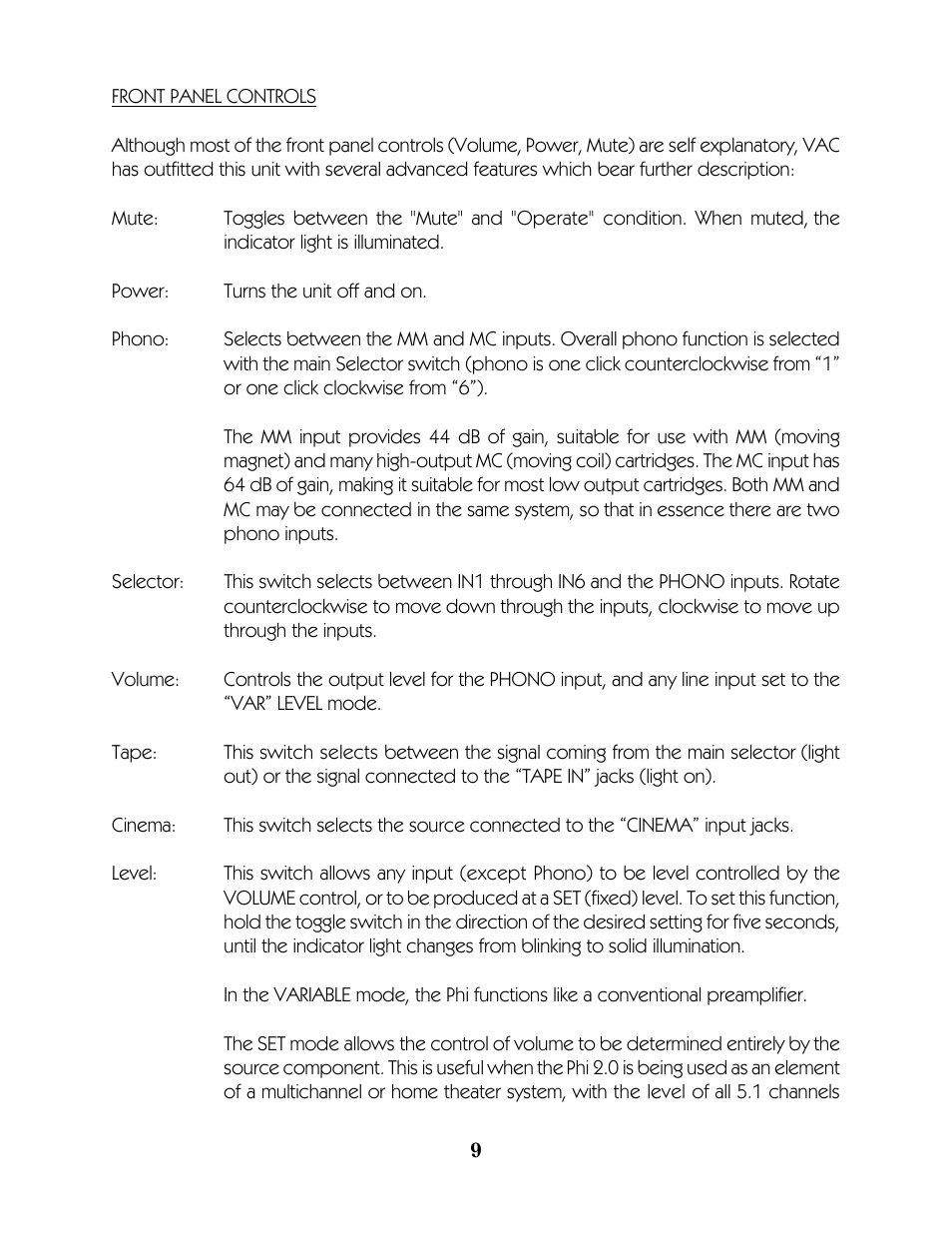 VAC Phi 2.0 Master Control Preamplifier User Manual | Page 10 / 15