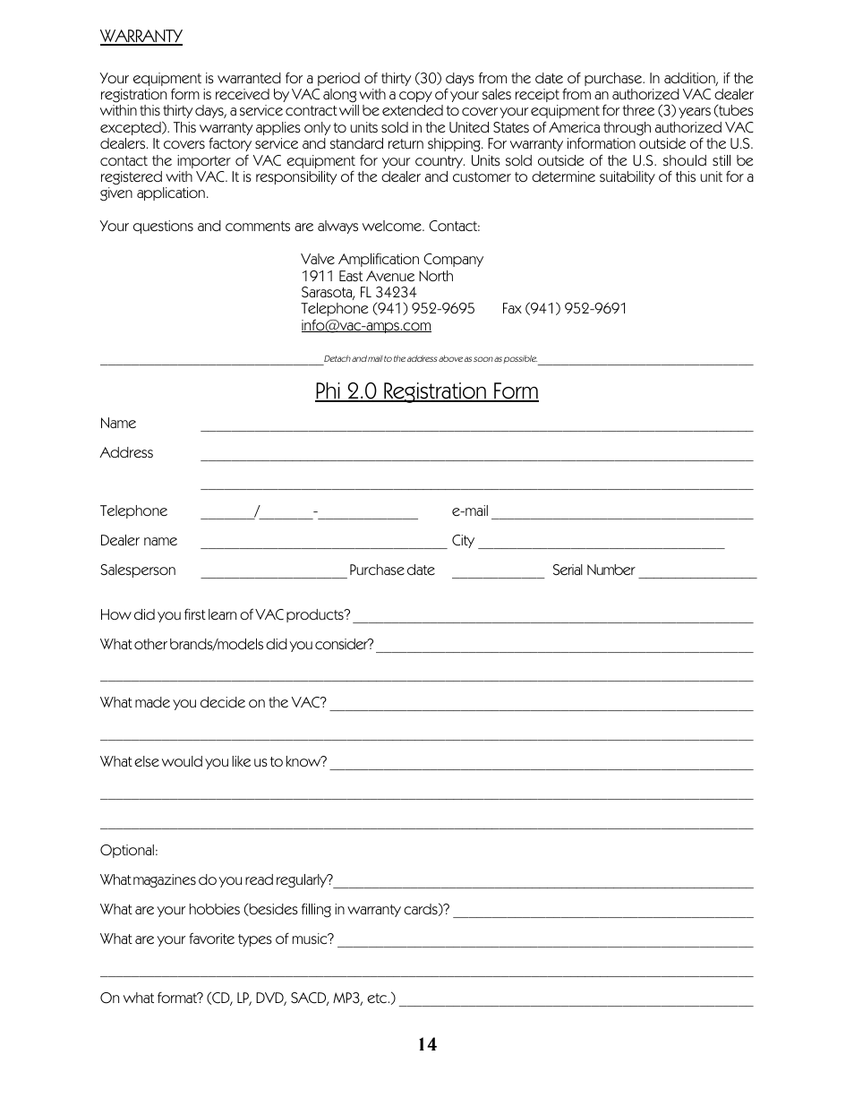 Phi 2.0 registration form | VAC Phi 2.0 Master Control Preamplifier User Manual | Page 15 / 15