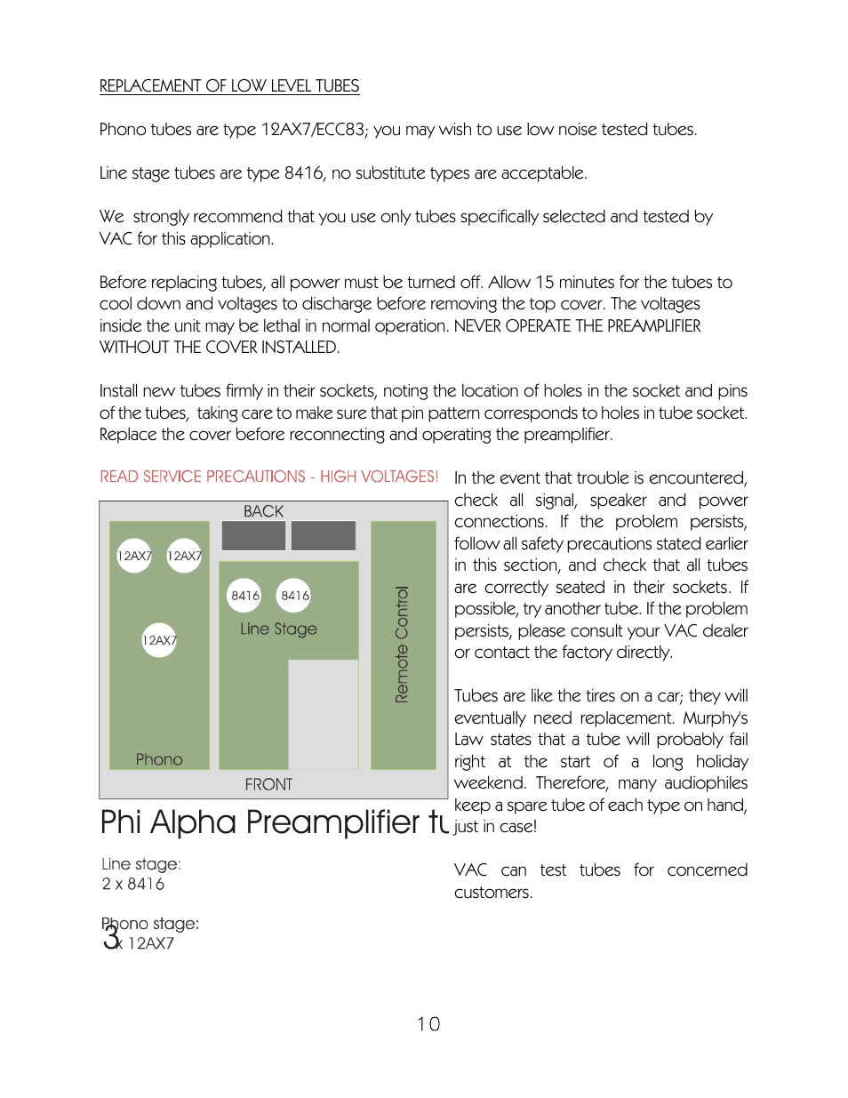 3phi alpha preamplifier tube complement | VAC Phi Alpha Preamplifier User Manual | Page 11 / 14
