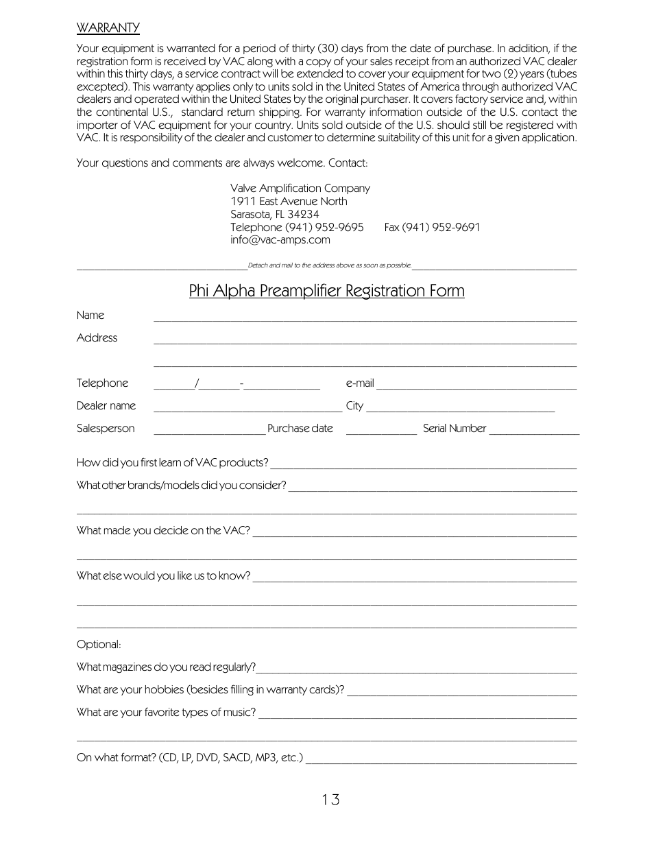 Phi alpha preamplifier registration form | VAC Phi Alpha Preamplifier User Manual | Page 14 / 14