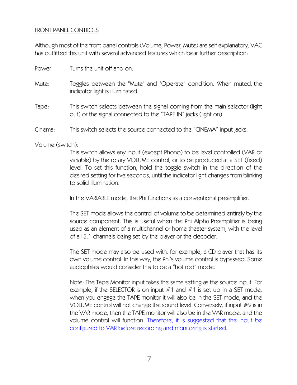 VAC Phi Alpha Preamplifier User Manual | Page 8 / 14