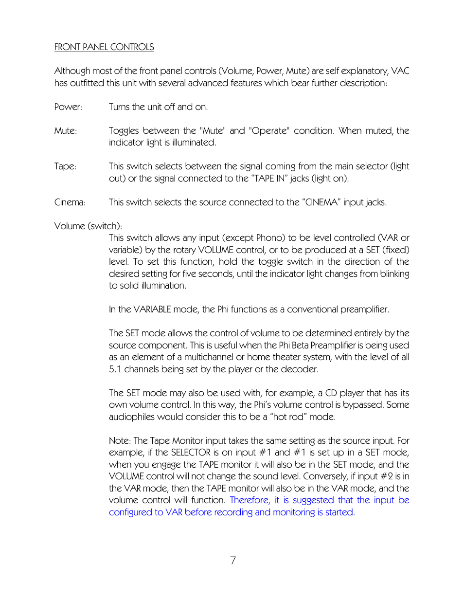 VAC Phi Beta Preamplifier User Manual | Page 8 / 14