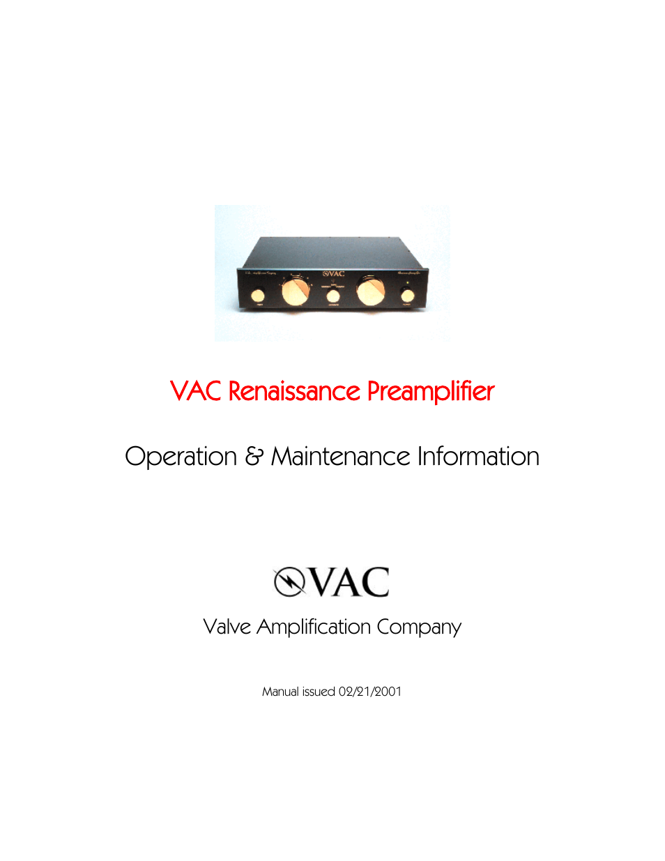 VAC Renaissance Mk I Preamplifier User Manual | 10 pages