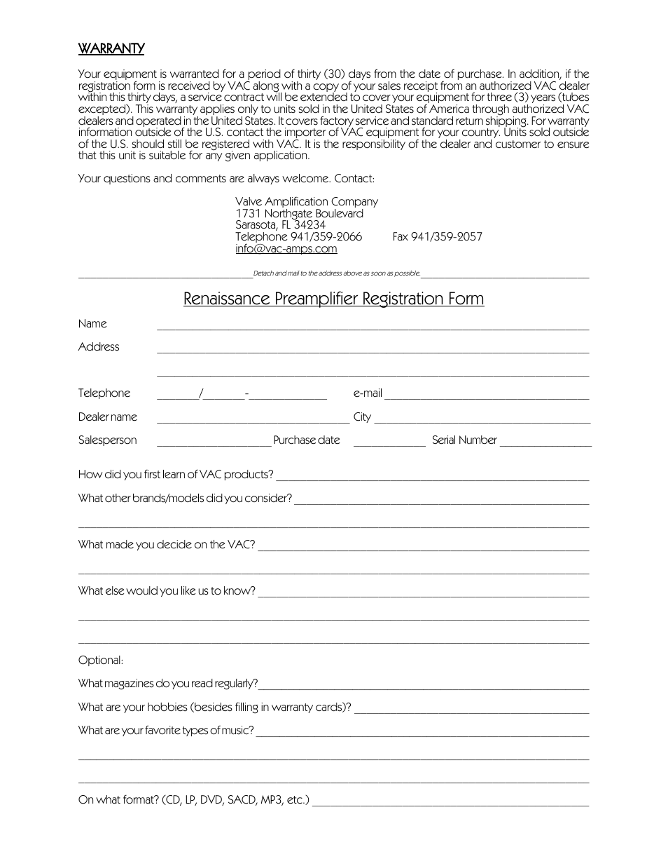 Renaissance preamplifier registration form | VAC Renaissance Mk I Preamplifier User Manual | Page 10 / 10