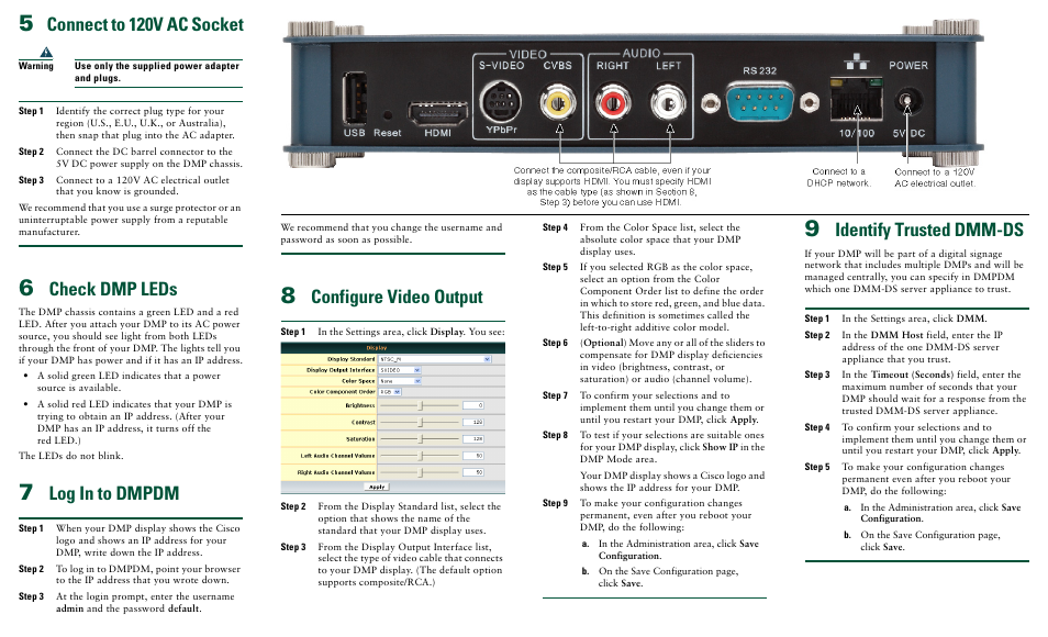 5 connect to 120v ac socket, 6 check dmp leds, 7 log in to dmpdm | 8 configure video output, 9 identify trusted dmm-ds, Connect to 120v ac socket, Check dmp leds, Log in to dmpdm, Configure video output, Identify trusted dmm-ds | Cisco 4300G User Manual | Page 2 / 2