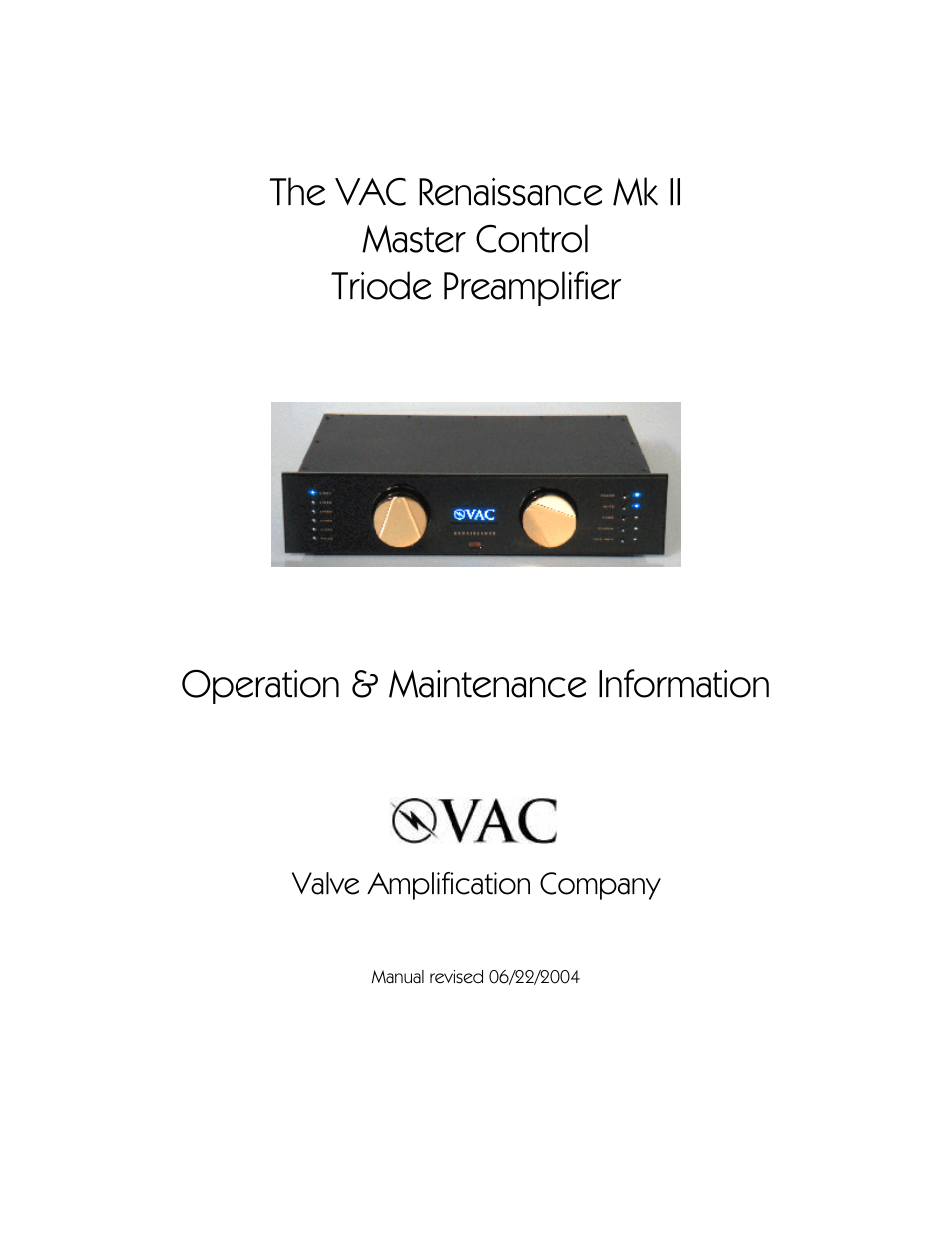 VAC Renaissance Mk II Preamplifier User Manual | 14 pages