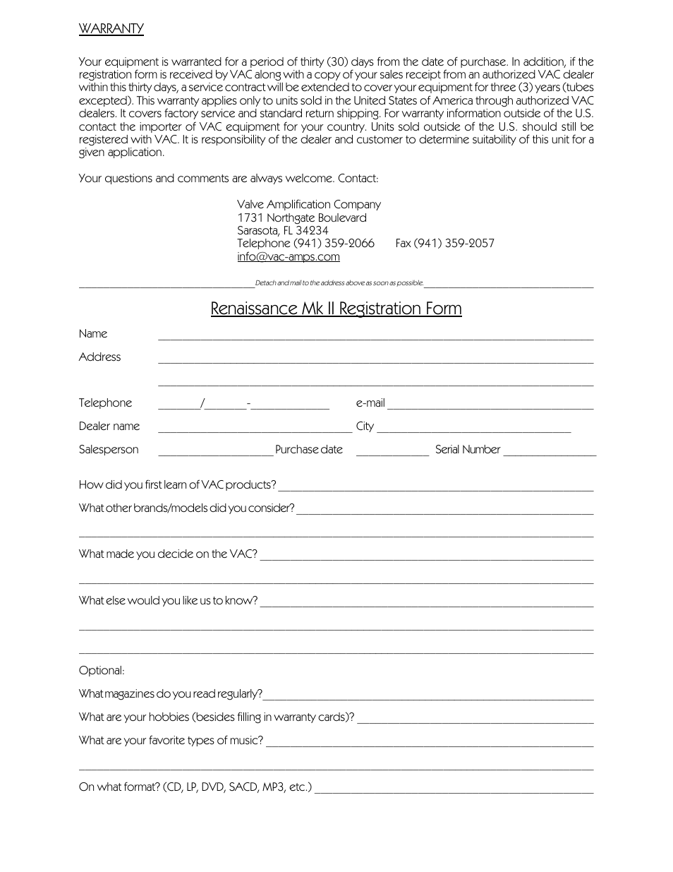 Renaissance mk ii registration form | VAC Renaissance Mk II Preamplifier User Manual | Page 14 / 14