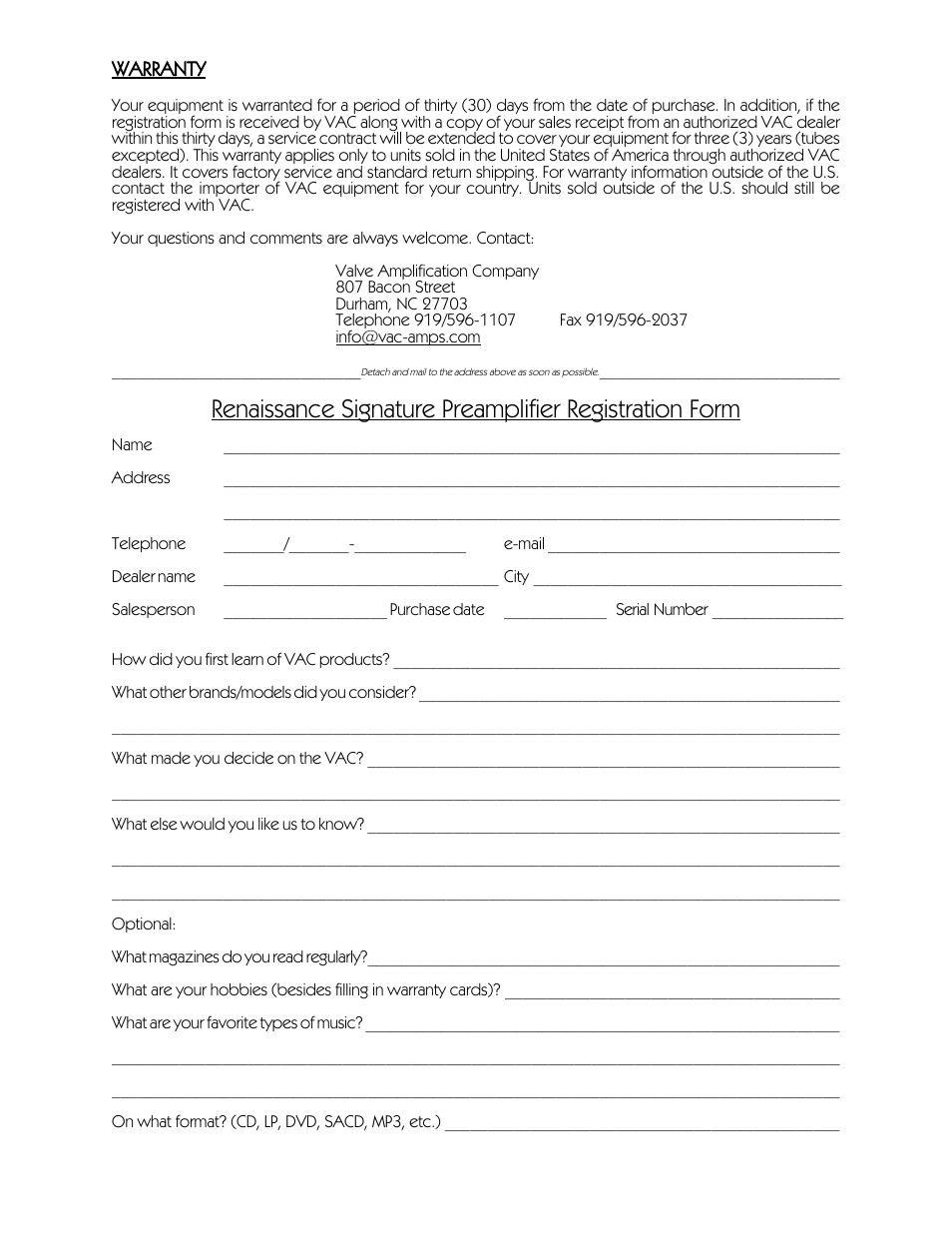 VAC Signature Preamplifier Mk I User Manual | Page 11 / 11