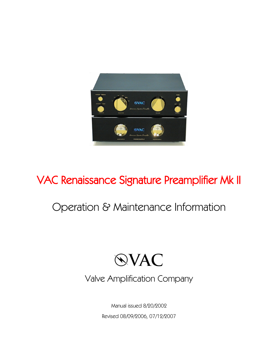 VAC Signature Preamplifier Mk II User Manual | 12 pages