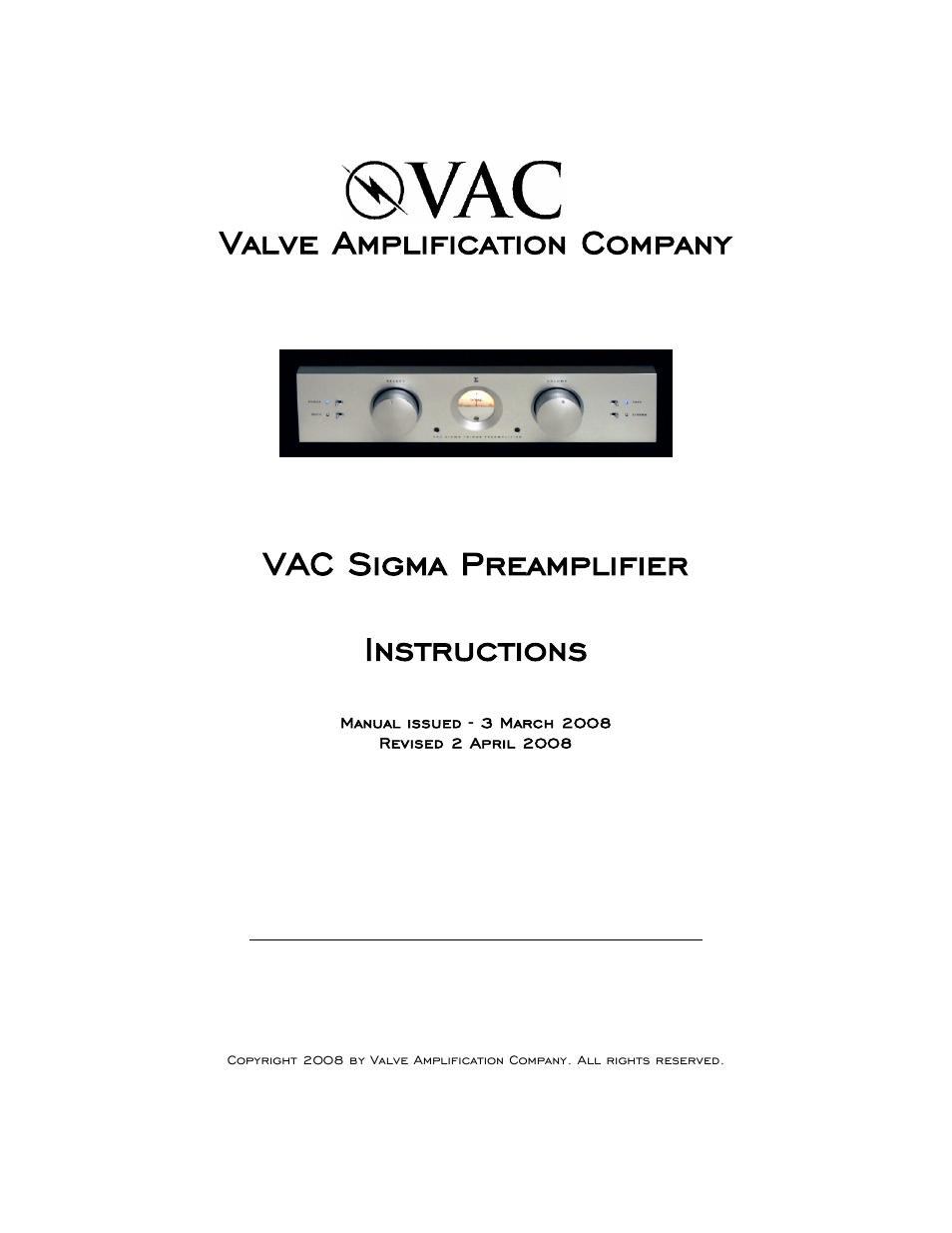 VAC Sigma Preamplifier User Manual | 10 pages