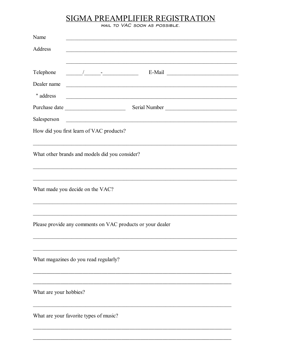 Sigma preamplifier registration | VAC Sigma Preamplifier User Manual | Page 10 / 10