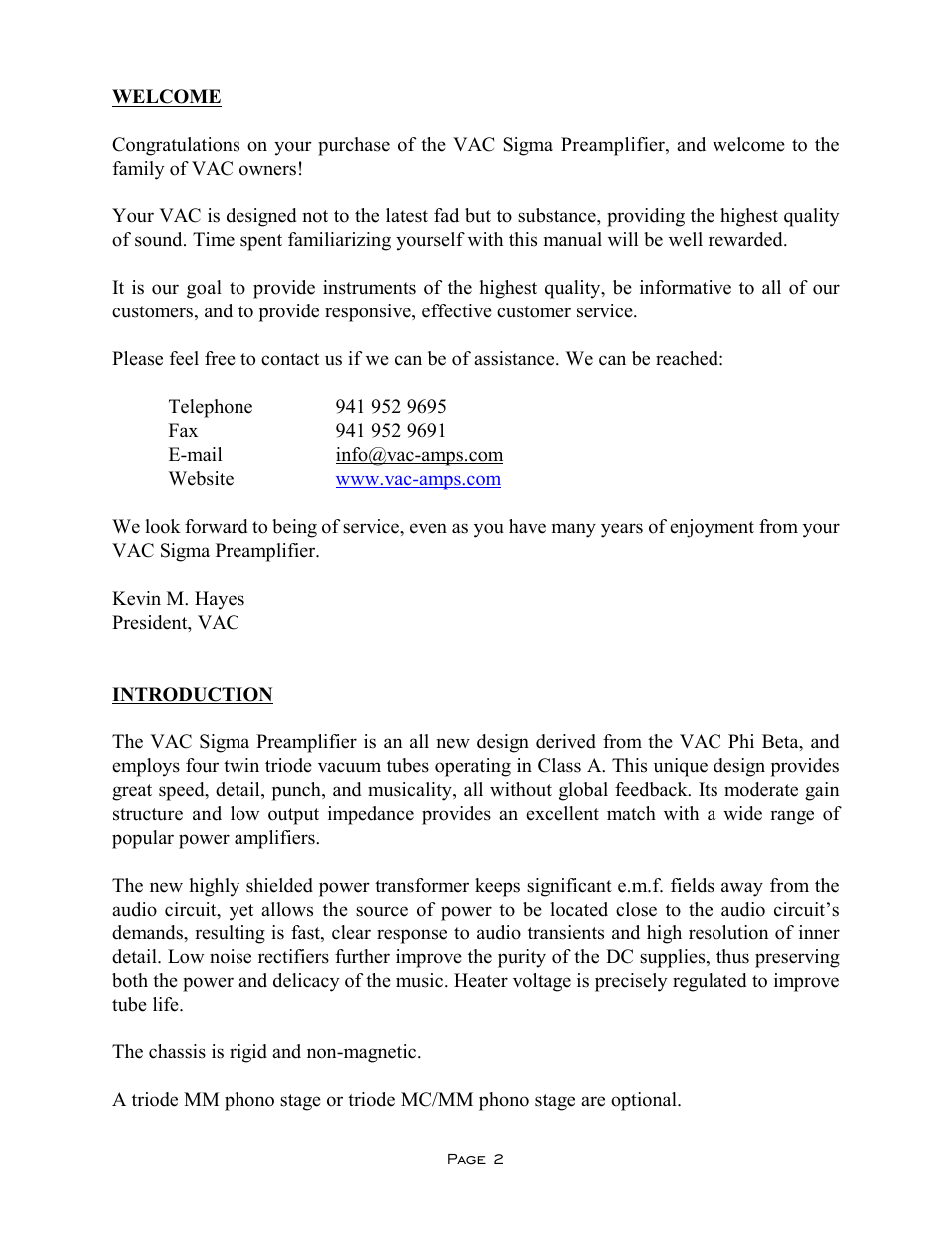 VAC Sigma Preamplifier User Manual | Page 2 / 10