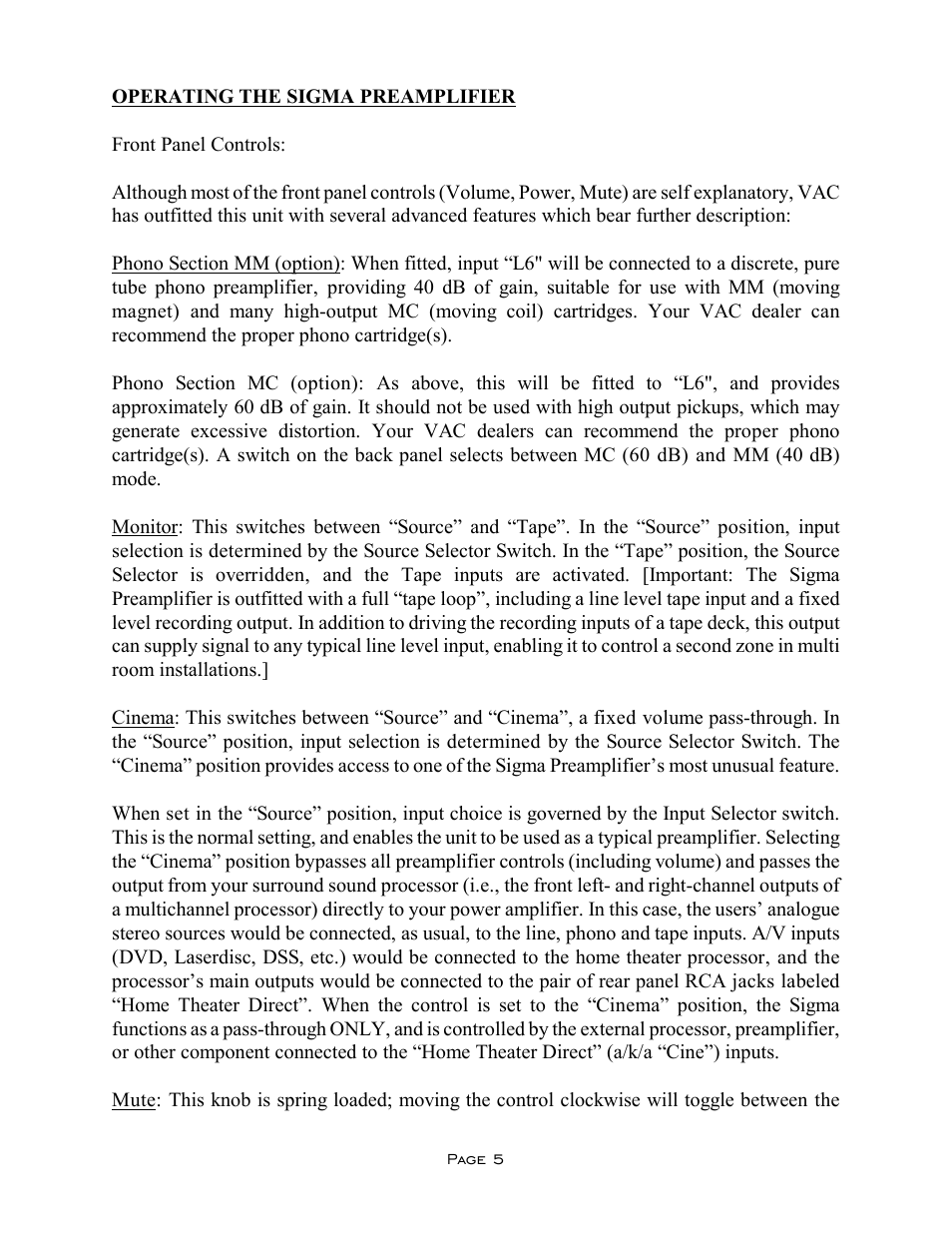 VAC Sigma Preamplifier User Manual | Page 5 / 10