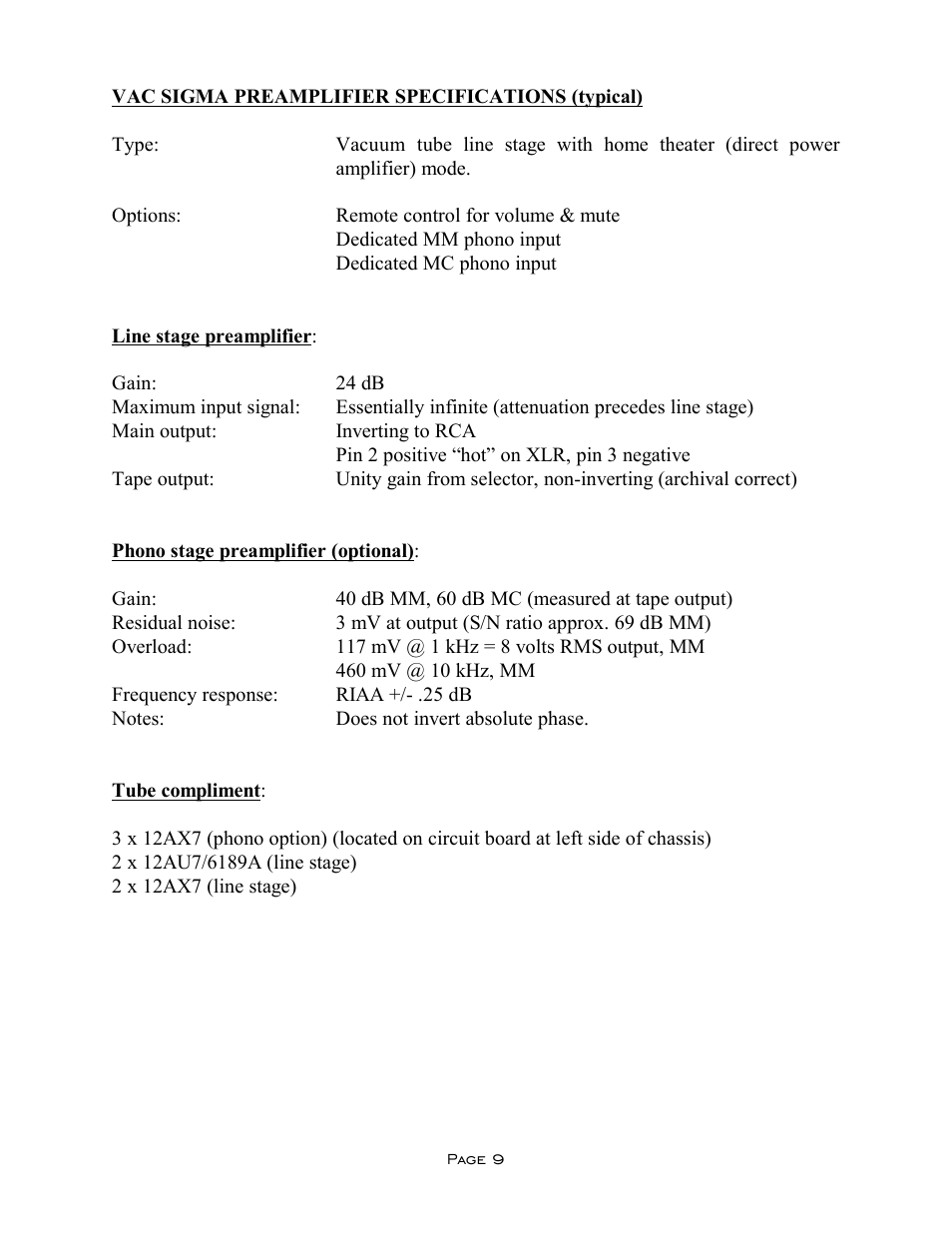 VAC Sigma Preamplifier User Manual | Page 9 / 10