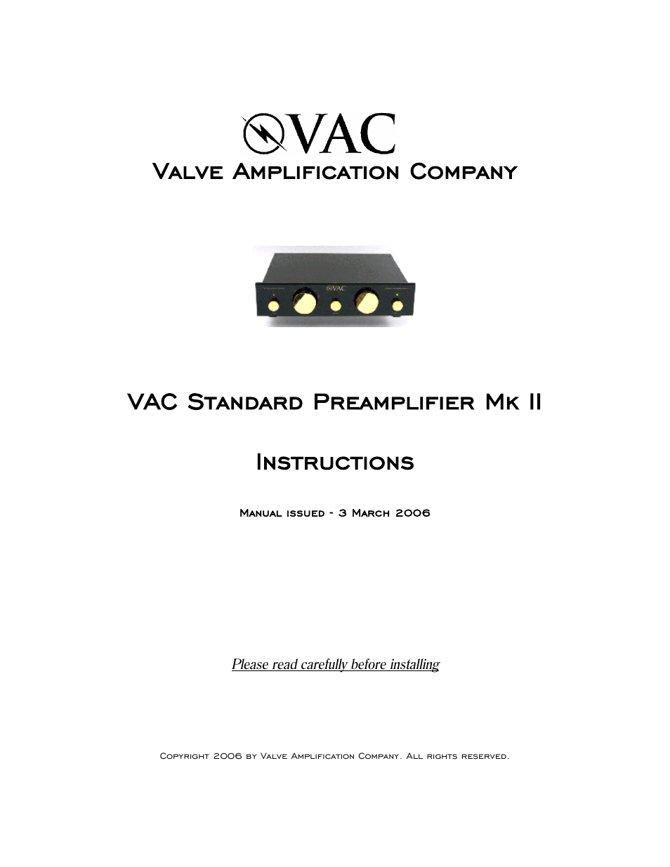VAC Standard Mk II Preamplifier User Manual | 10 pages