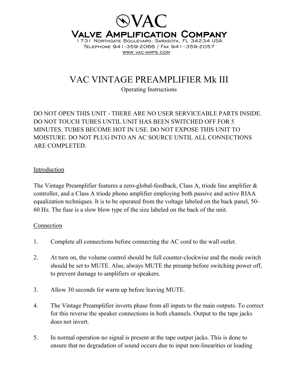 VAC Vintage Preamplifier User Manual | 3 pages