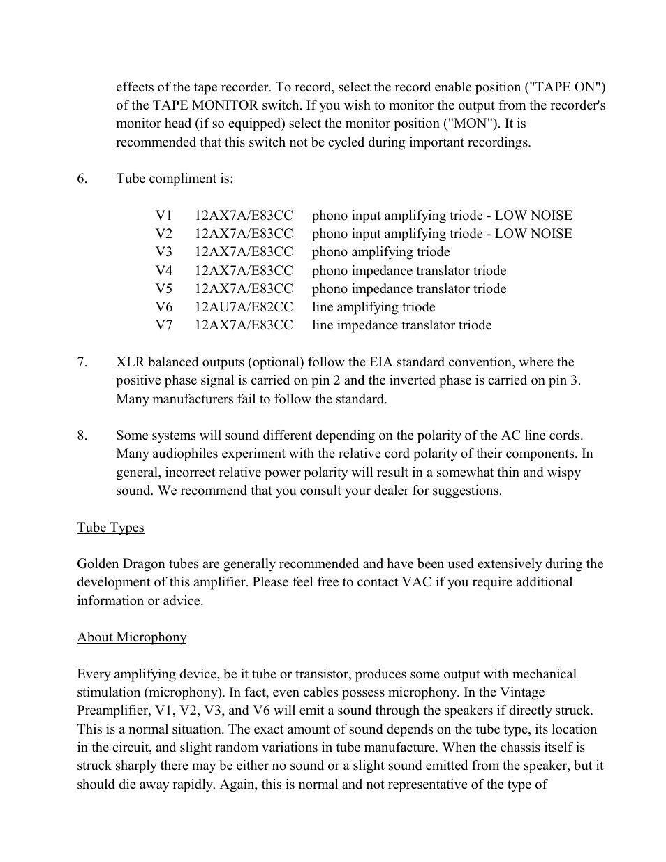 VAC Vintage Preamplifier User Manual | Page 2 / 3
