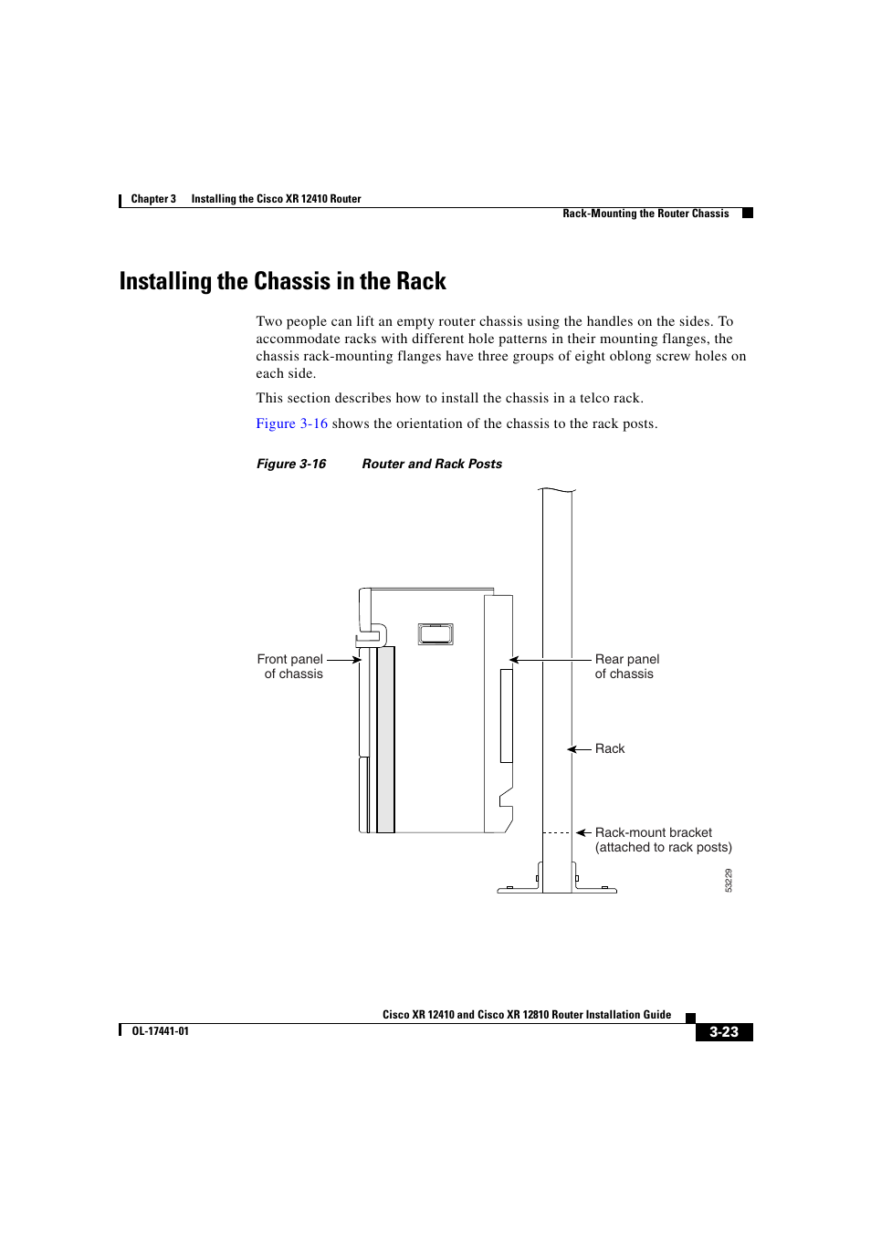 Installing the chassis in the rack | Cisco XR 12410 User Manual | Page 105 / 238