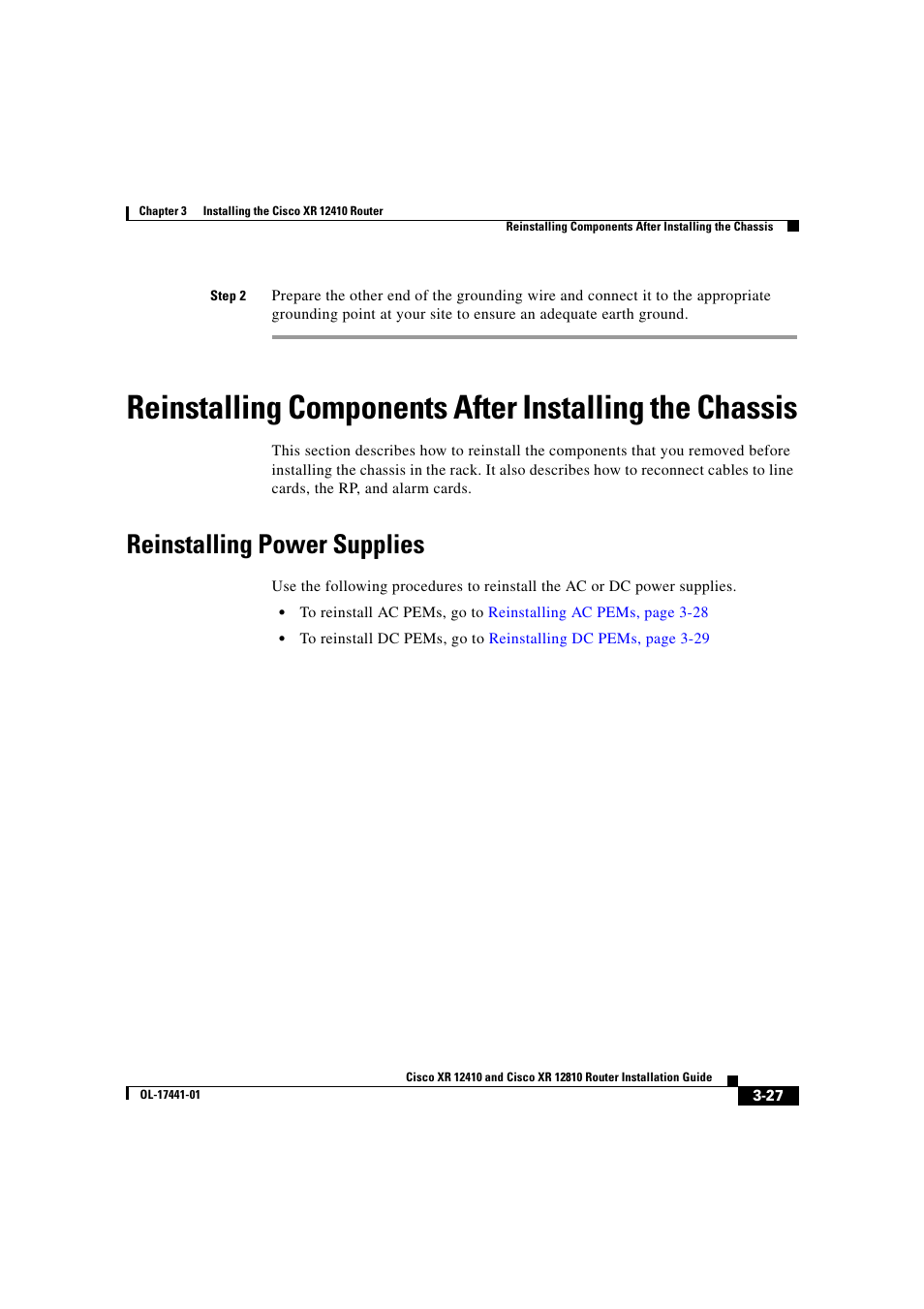 Reinstalling power supplies | Cisco XR 12410 User Manual | Page 109 / 238