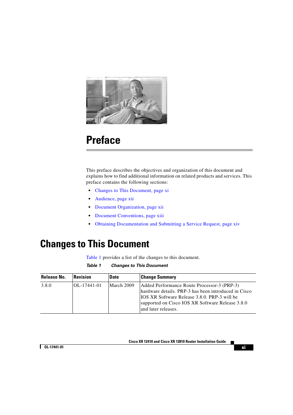 Preface, C o n t e n t s, Changes to this document | Audience, Document organization, Document conventions, Xiii, C h a p t e r, Product overview, Physical and functional description of router | Cisco XR 12410 User Manual | Page 11 / 238