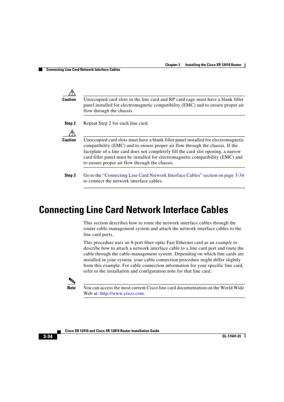 Connecting line card network interface cables | Cisco XR 12410 User Manual | Page 116 / 238