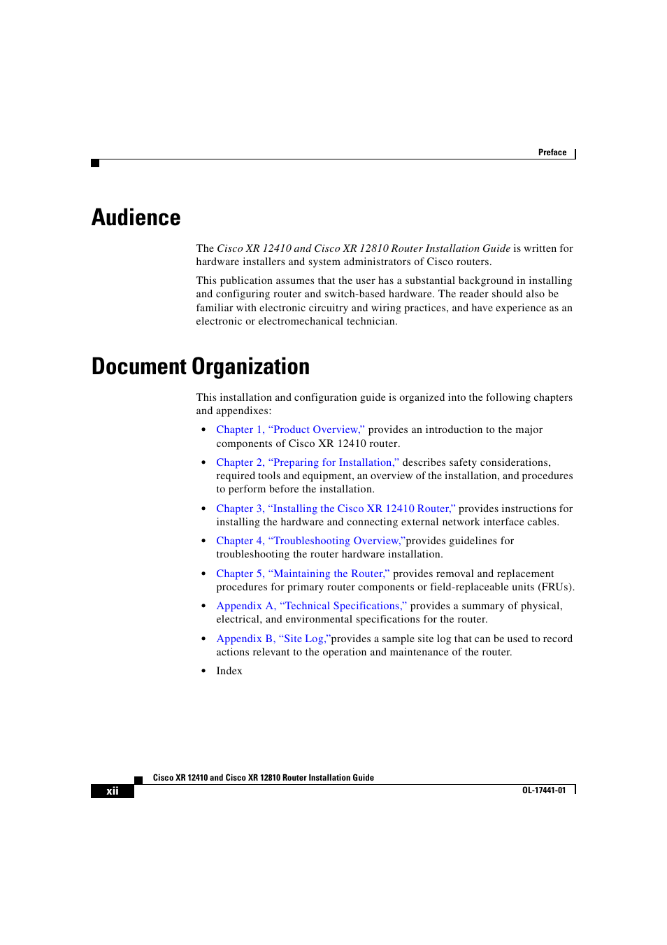 Audience, Document organization | Cisco XR 12410 User Manual | Page 12 / 238
