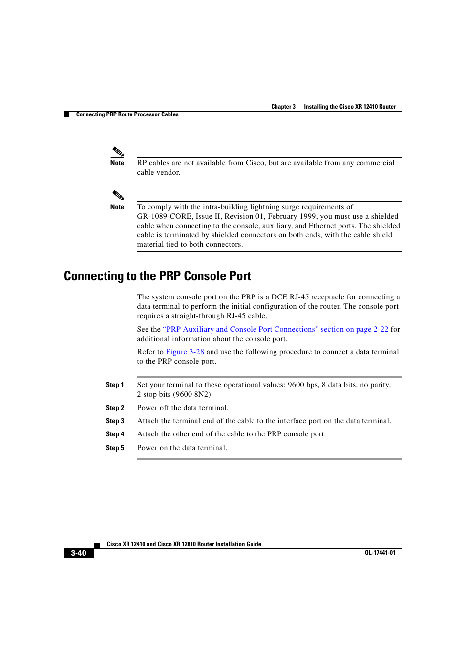 Connecting to the prp console port | Cisco XR 12410 User Manual | Page 122 / 238