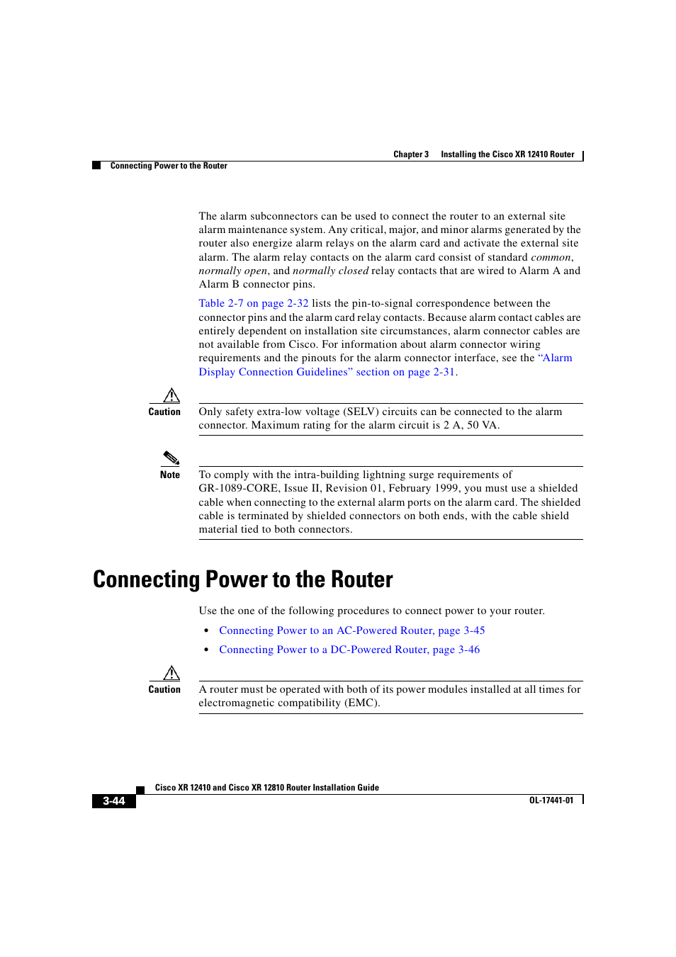 Connecting power to the router | Cisco XR 12410 User Manual | Page 126 / 238