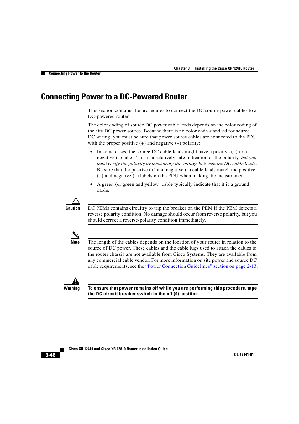 Connecting power to a dc-powered router | Cisco XR 12410 User Manual | Page 128 / 238