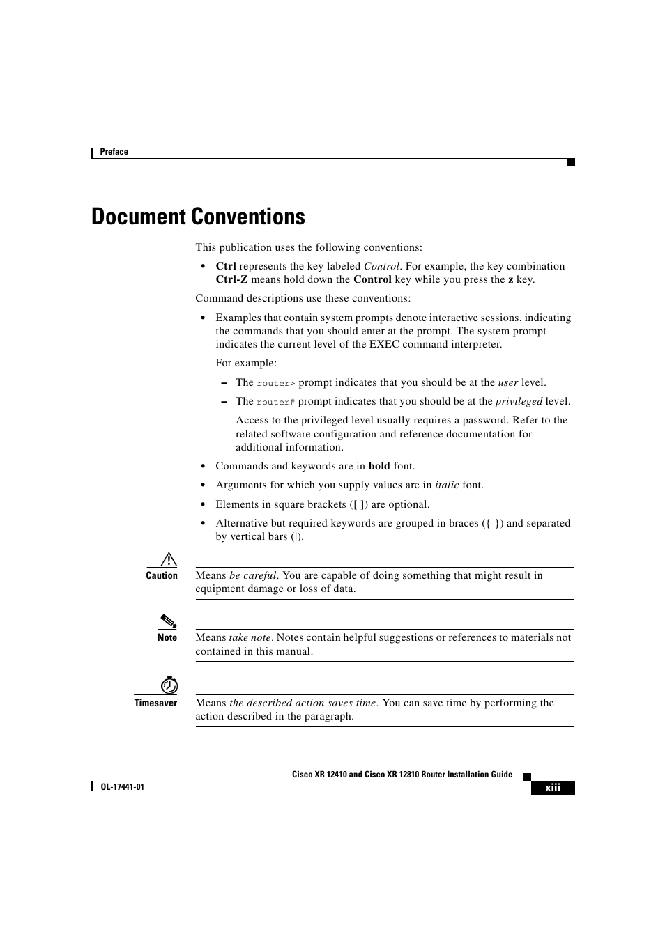 Document conventions | Cisco XR 12410 User Manual | Page 13 / 238