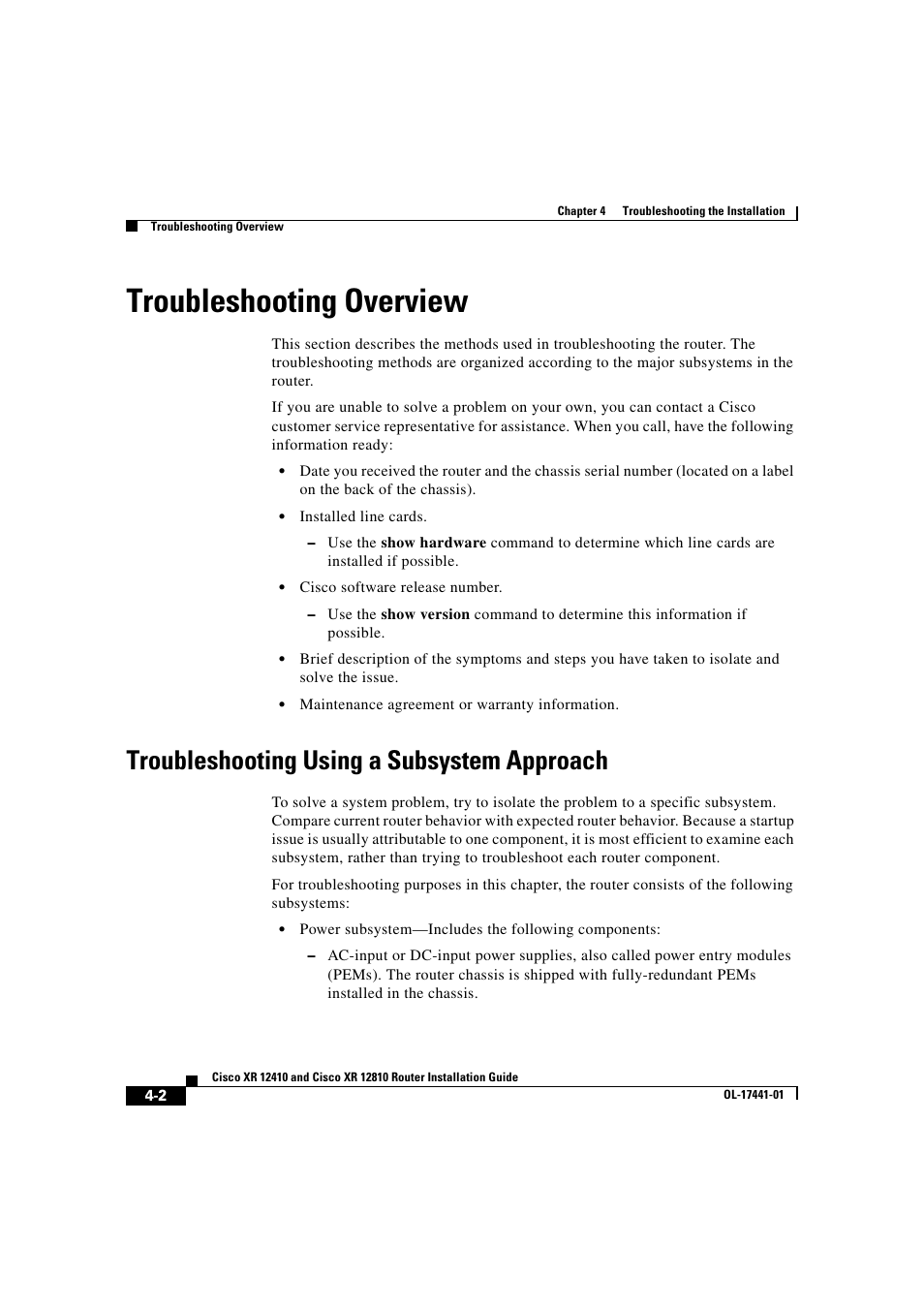 Troubleshooting overview, Troubleshooting using a subsystem approach, Chapter 4, “troubleshooting overview | Cisco XR 12410 User Manual | Page 132 / 238