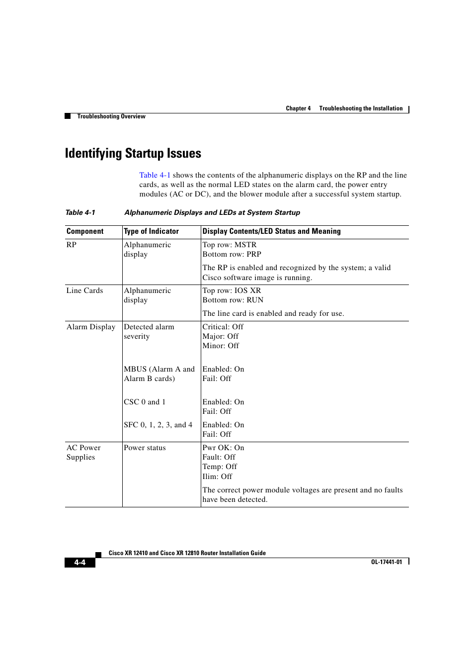 Identifying startup issues | Cisco XR 12410 User Manual | Page 134 / 238